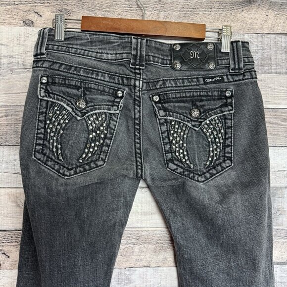 Miss Me Black Stretch Denim Low Rise Embellished Angel Wing Skinny Jeans~28 - Picture 4 of 13